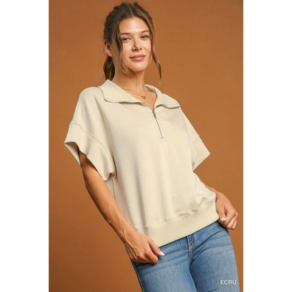 Umgee Half-Zip Short Sleeve Top - C4013 - Size Small - Picture 1 of 3